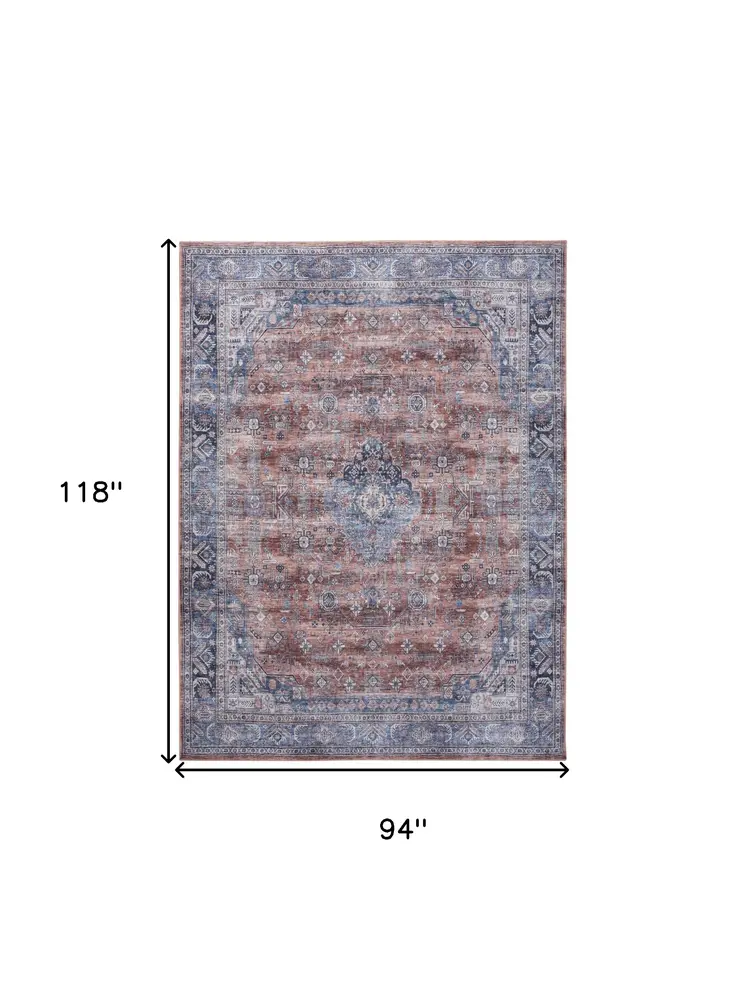 8' X 10' Blue and Red Oriental Power Loom Distressed Washable Non Skid Area Rug