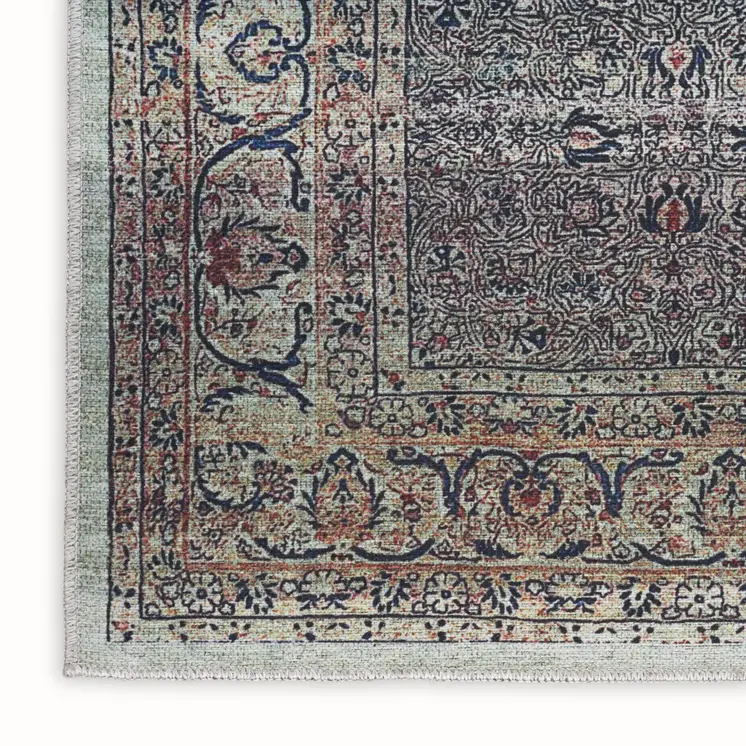 8' X 10' Blue and Brown Oriental Power Loom Distressed Washable Non Skid Area Rug