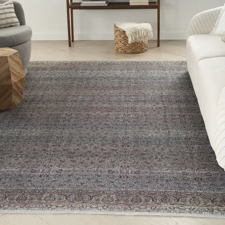 8' X 10' Blue and Brown Oriental Power Loom Distressed Washable Non Skid Area Rug