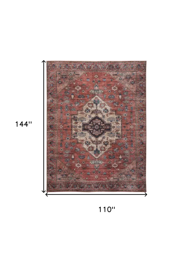 9' X 12' Red And Ivory Oriental Distressed Washable Area Rug