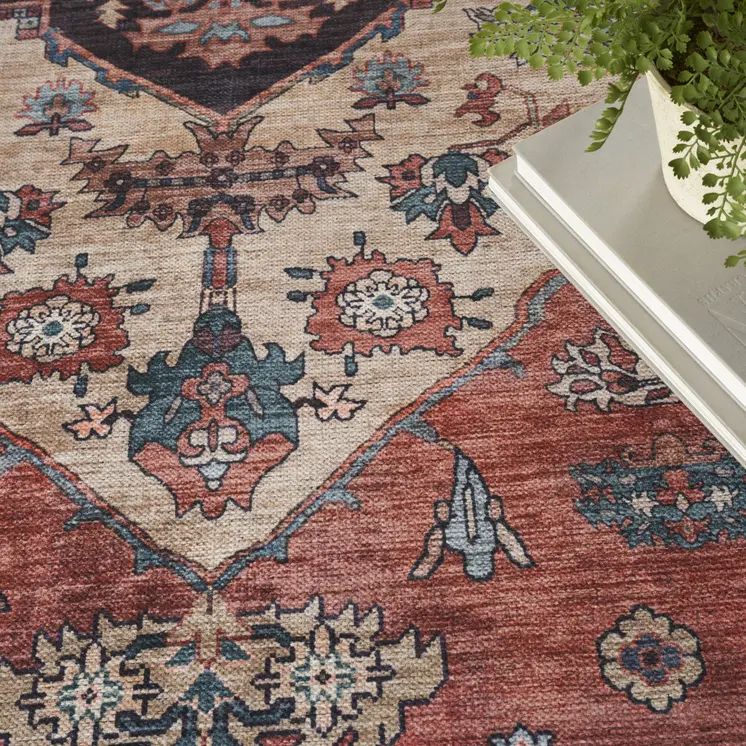 9' X 12' Red And Ivory Medallion Distressed Washable Area Rug