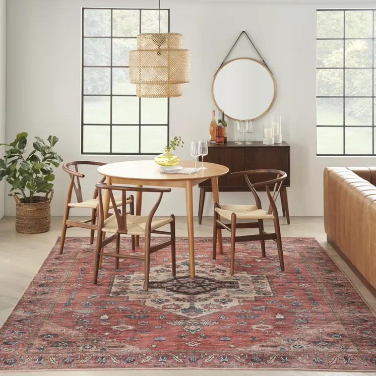 9' X 12' Red And Ivory Medallion Distressed Washable Area Rug