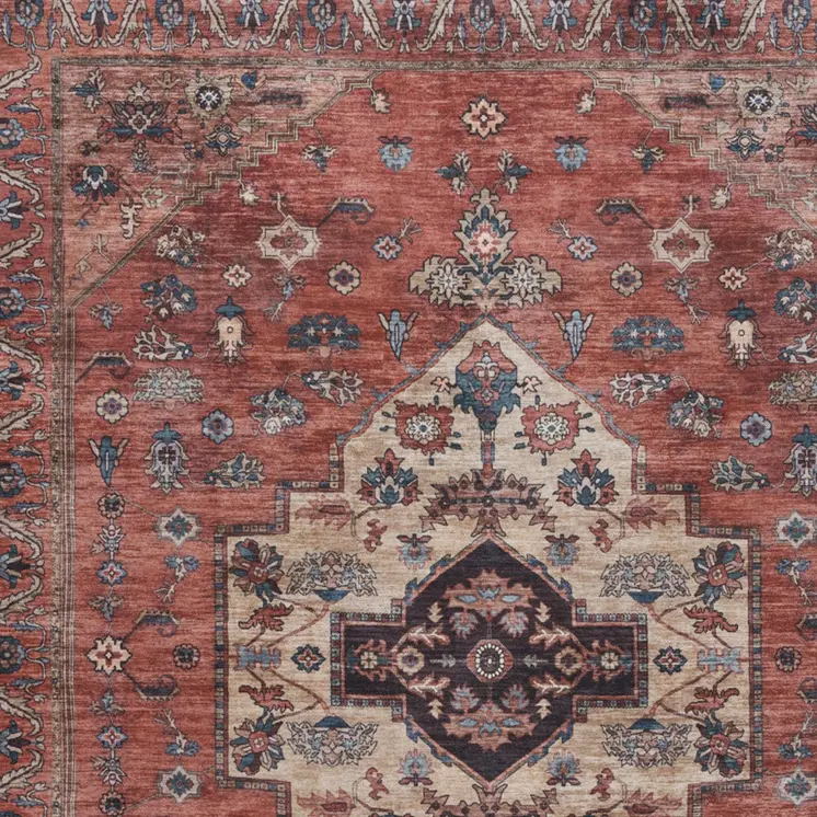 9' X 12' Red And Ivory Medallion Distressed Washable Area Rug