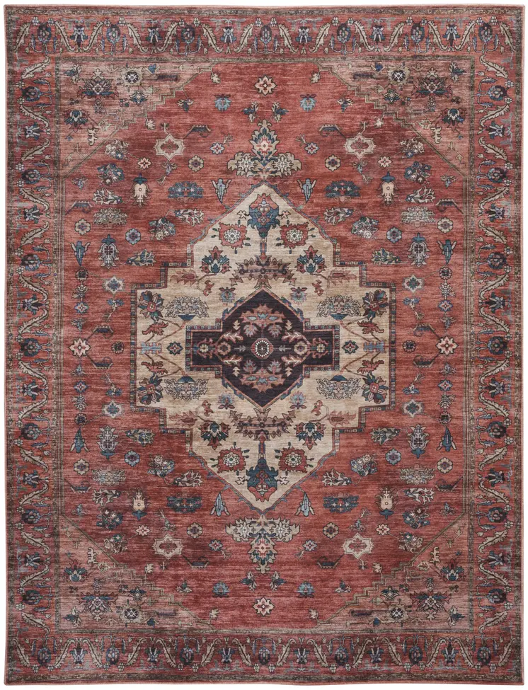 9' X 12' Red And Ivory Medallion Distressed Washable Area Rug