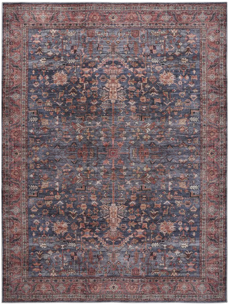 9' X 12' Blue and Red Oriental Power Loom Distressed Washable Non Skid Area Rug