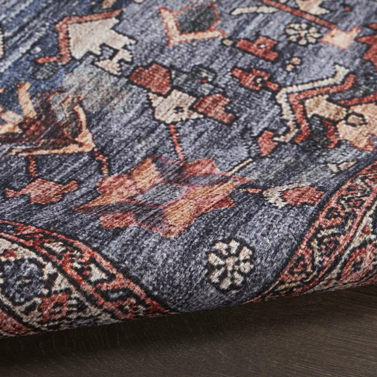 9' X 12' Blue and Red Oriental Power Loom Distressed Washable Non Skid Area Rug
