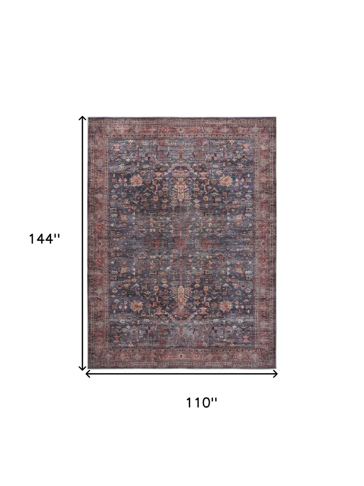 9' X 12' Blue and Red Oriental Power Loom Distressed Washable Non Skid Area Rug