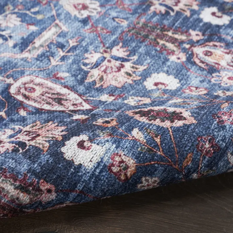 9' X 12' Blue and Red Oriental Power Loom Distressed Washable Non Skid Area Rug