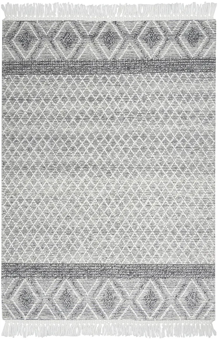 5' X 8' Gray and Ivory Geometric Hand Woven Area Rug With Fringe