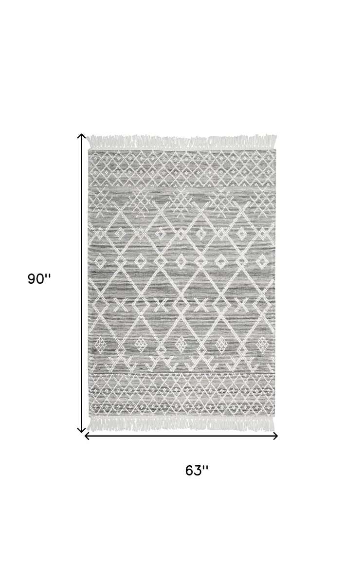 5' X 8' Gray and Ivory Geometric Hand Woven Area Rug With Fringe