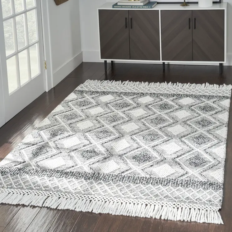 5' X 8' Gray and Ivory Geometric Flatweave Handmade Area Rug With Fringe