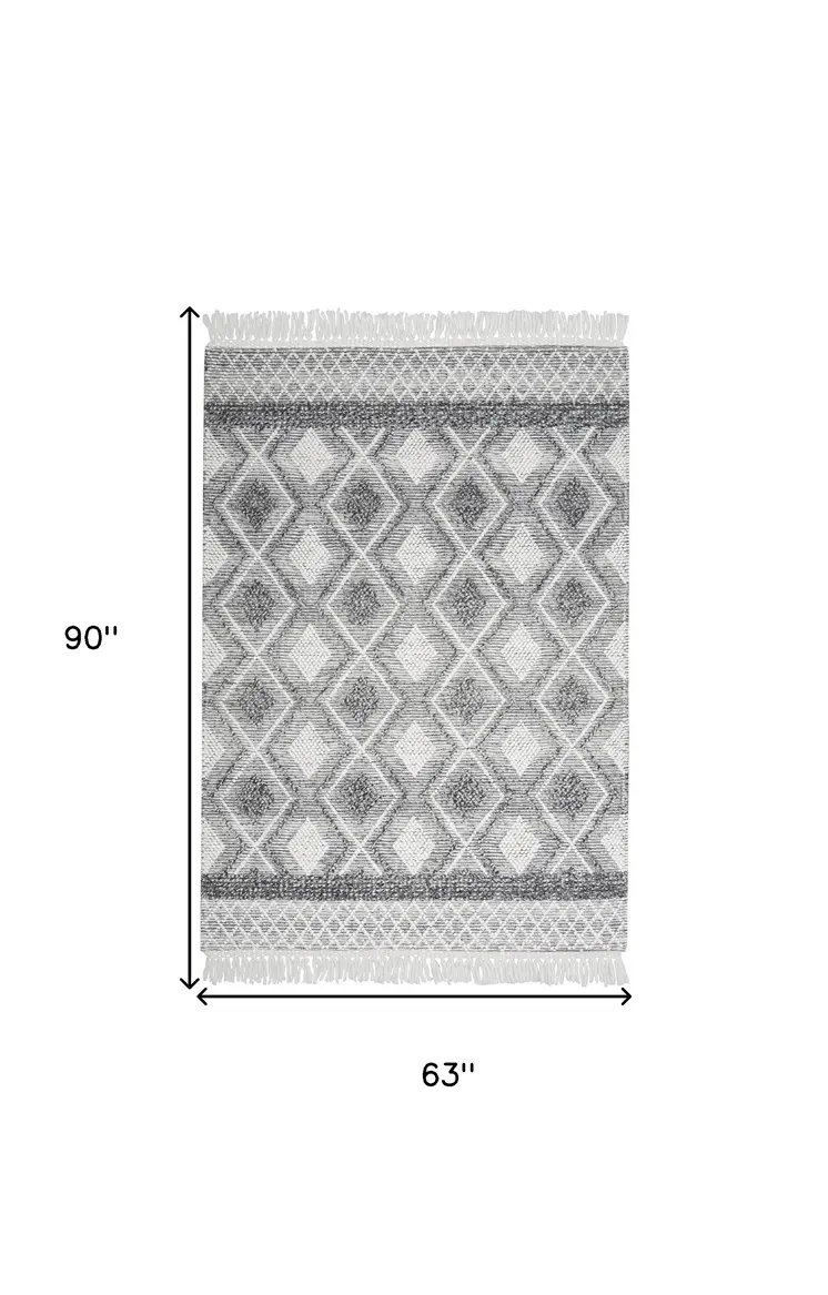 5' X 8' Gray and Ivory Geometric Flatweave Handmade Area Rug With Fringe