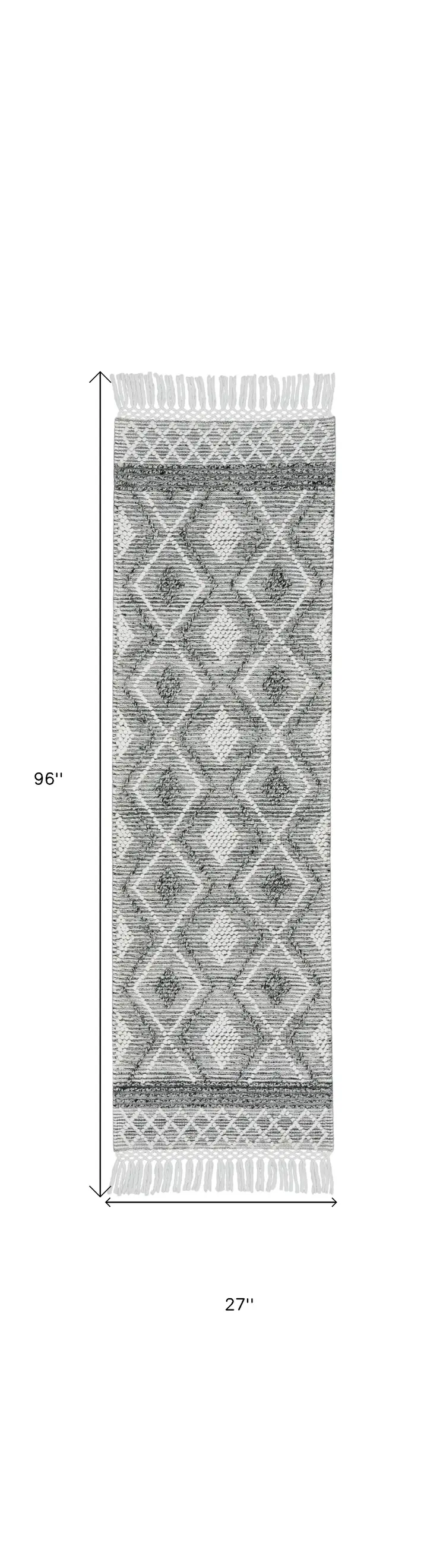 8' Gray and Ivory Geometric Hand Woven Runner Rug With Fringe