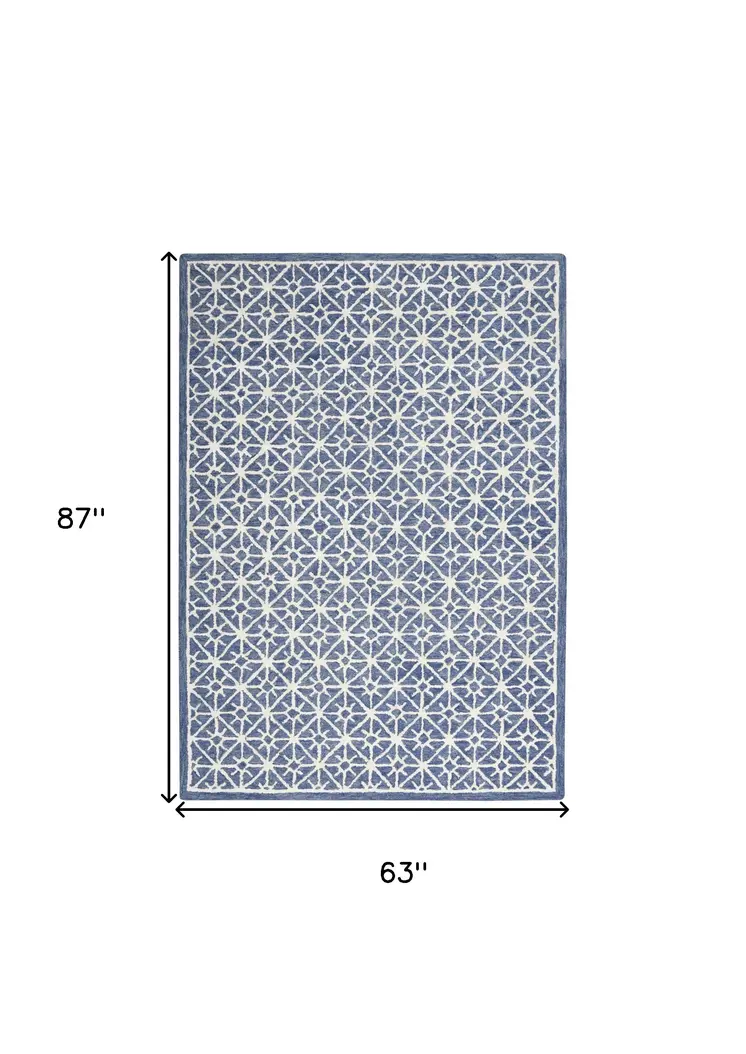 5' X 7' Blue and Off White Geometric Hand Tufted Area Rug