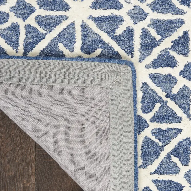5' X 7' Blue and Off White Geometric Hand Tufted Area Rug