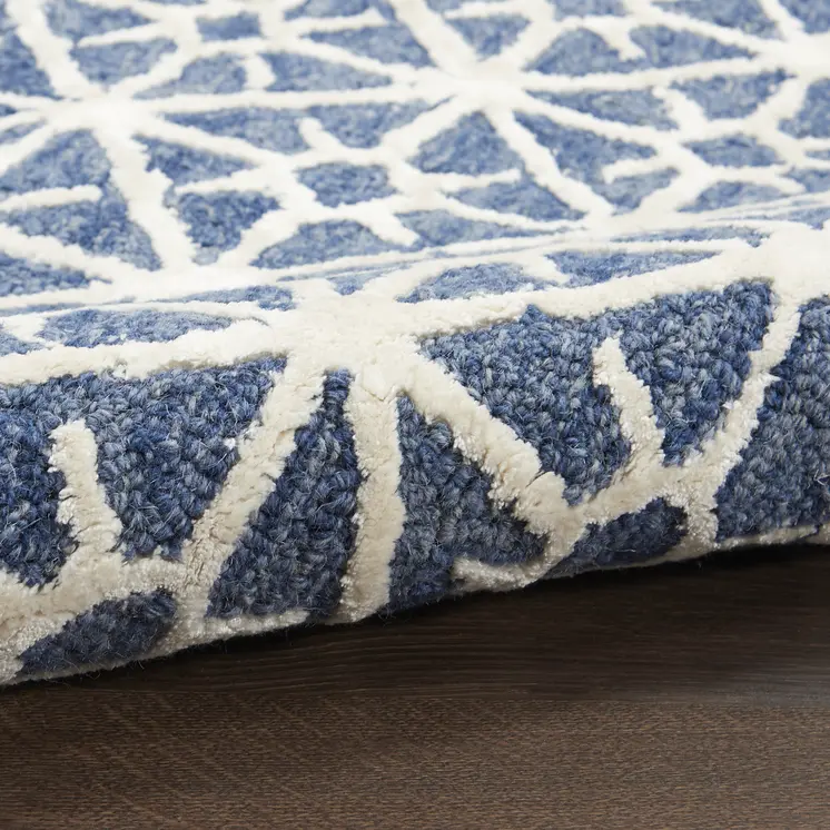 5' X 7' Blue and Off White Geometric Hand Tufted Area Rug