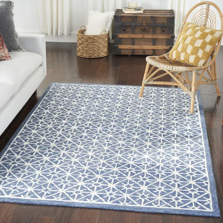 5' X 7' Blue and Off White Geometric Hand Tufted Area Rug