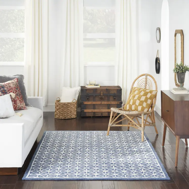 5' X 7' Blue and Off White Geometric Hand Tufted Area Rug