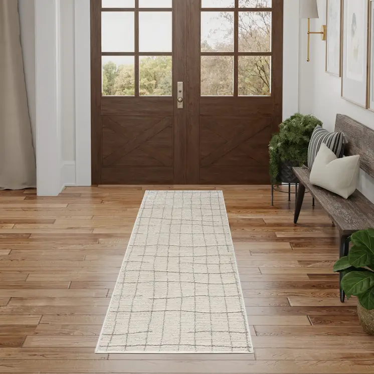 8' Gray And Ivory Abstract Runner Rug