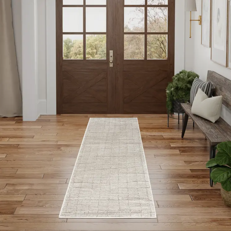 8' Beige And Gray Abstract Runner Rug