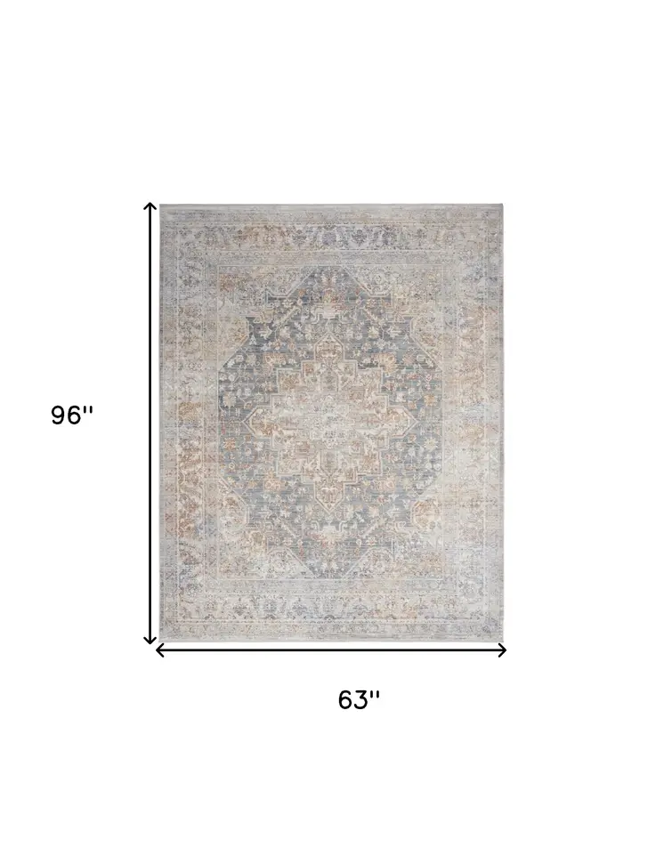 5' X 8' Ivory and Blue Oriental Power Loom Distressed Area Rug With Fringe