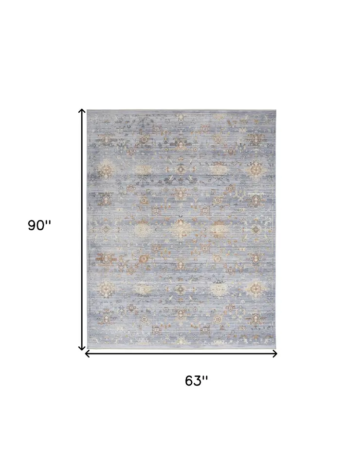 5' X 8' Blue and Ivory Oriental Power Loom Distressed Area Rug With Fringe