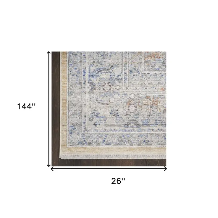 12' Gray and Gold Oriental Power Loom Distressed Runner Rug