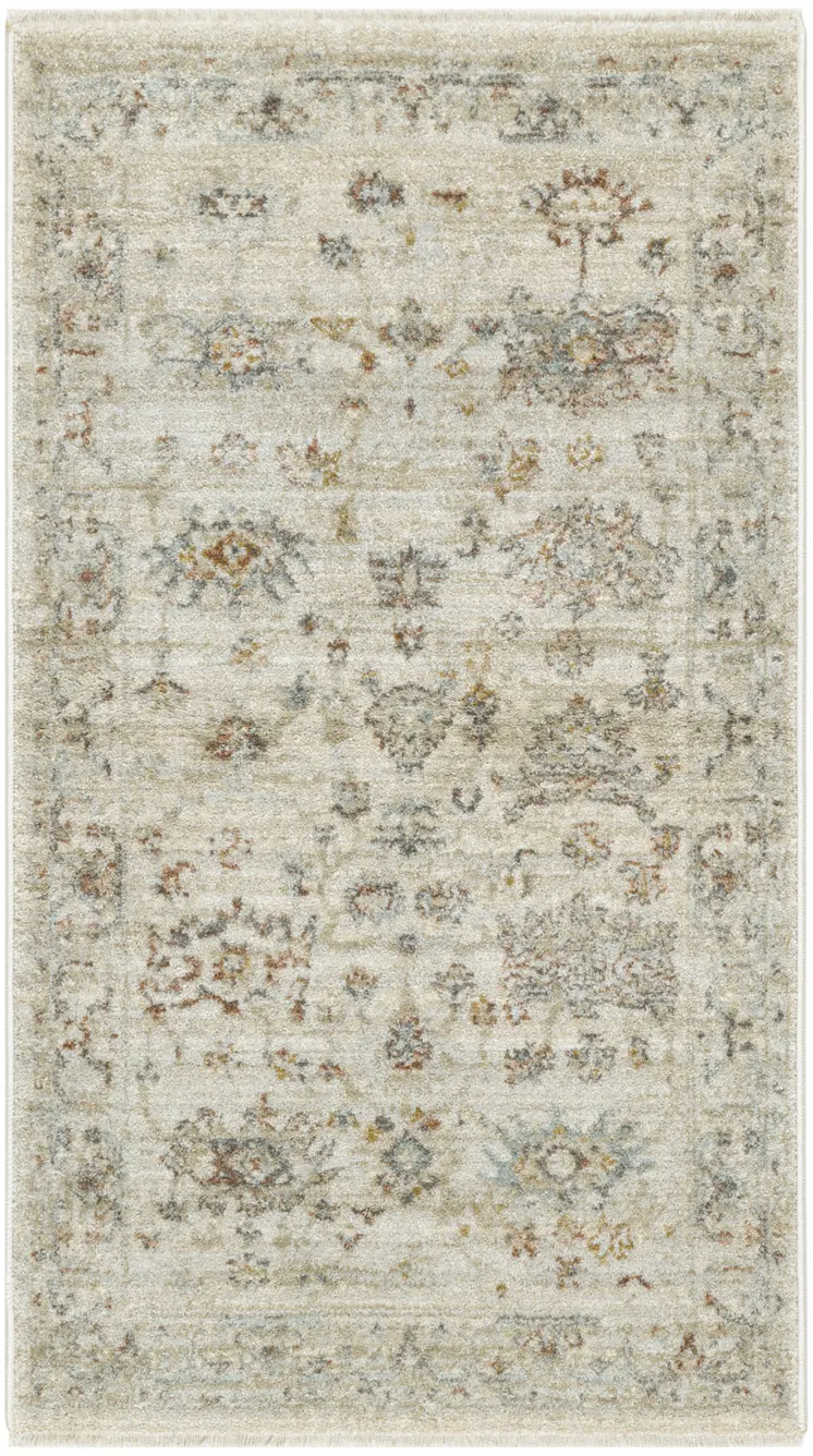 3' X 5' Beige and Blue Oriental Power Loom Distressed Area Rug With Fringe