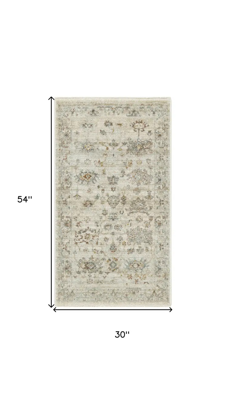 3' X 5' Beige and Blue Oriental Power Loom Distressed Area Rug With Fringe
