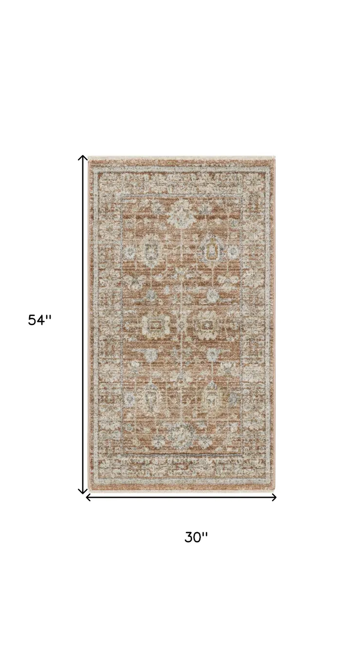 3' X 5' Orange and Ivory Oriental Power Loom Distressed Area Rug With Fringe