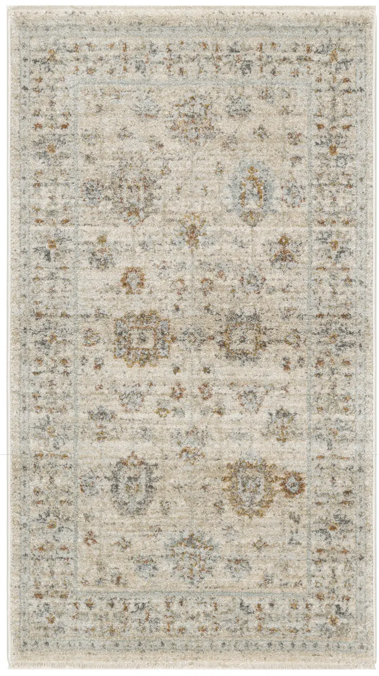 3' X 5' Beige and Ivory Oriental Power Loom Distressed Area Rug With Fringe