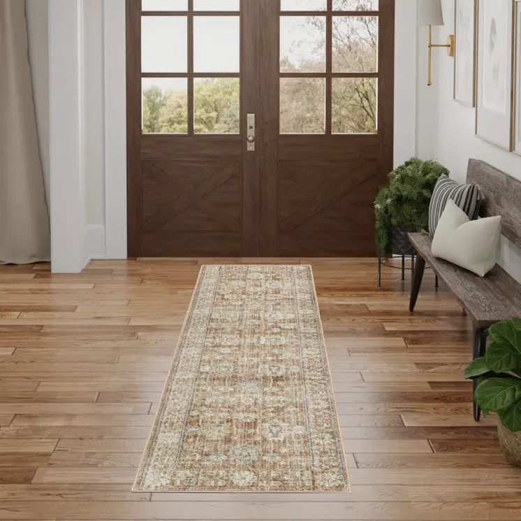8' Orange And Ivory Oriental Distressed Runner Rug With Fringe