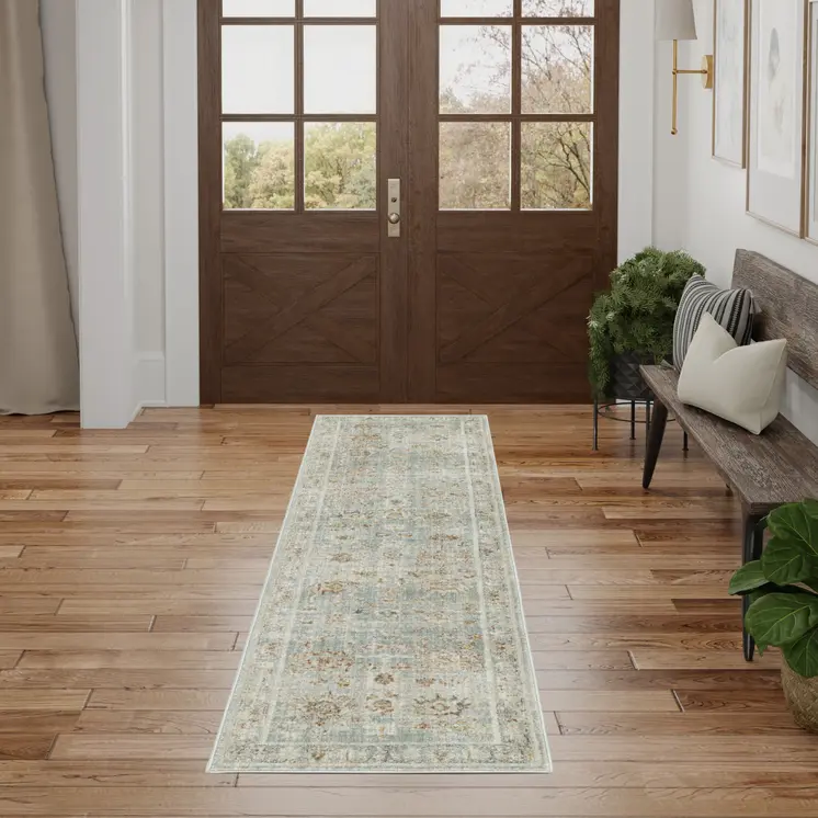 8' Blue And Ivory Oriental Distressed Runner Rug With Fringe