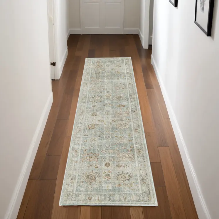 8' Blue And Ivory Oriental Distressed Runner Rug With Fringe