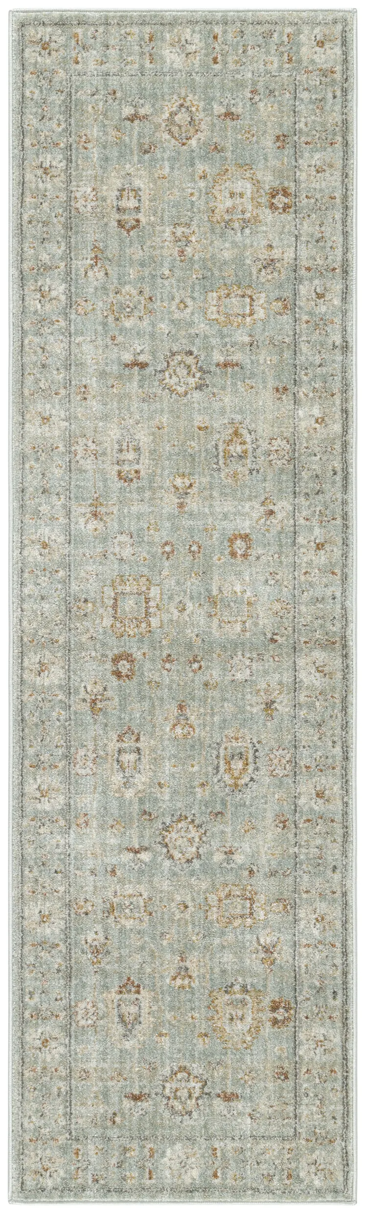 8' Green And Ivory Oriental Distressed Runner Rug With Fringe