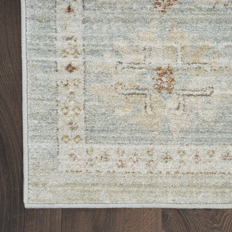 8' Green And Ivory Oriental Distressed Runner Rug With Fringe