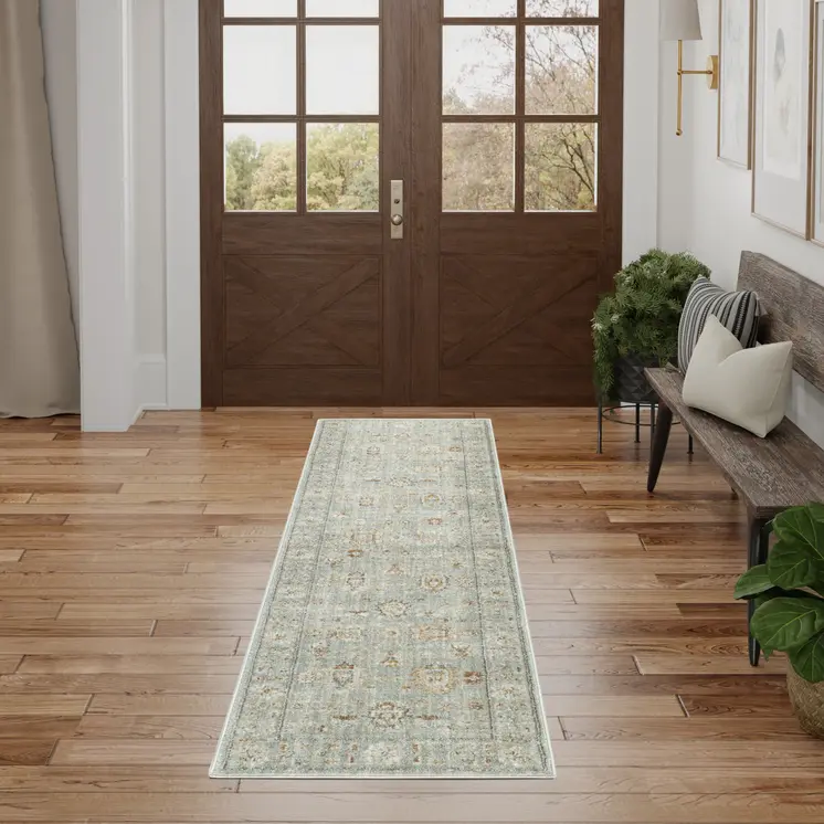 8' Green And Ivory Oriental Distressed Runner Rug With Fringe