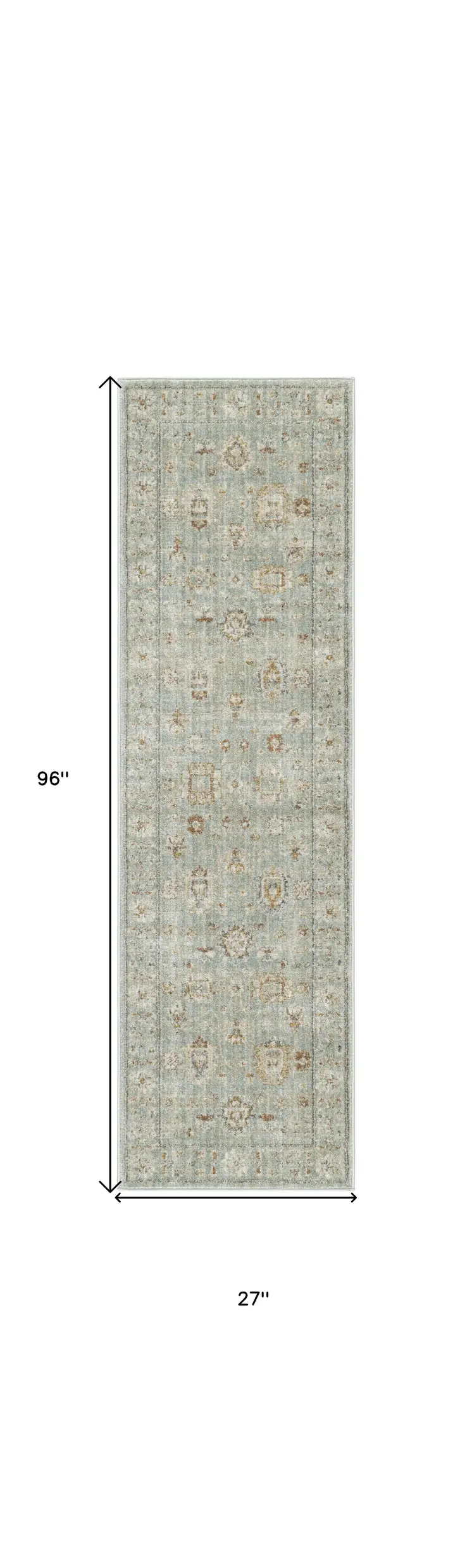 8' Green And Ivory Oriental Distressed Runner Rug With Fringe