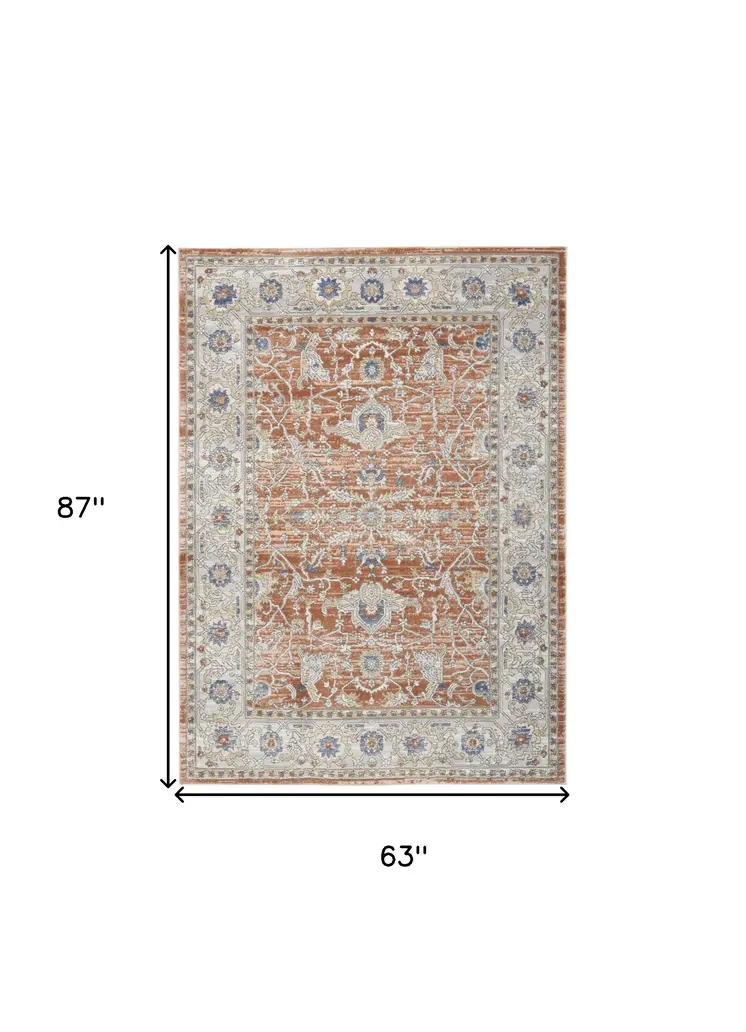 5' X 7' Gray and Red Oriental Power Loom Area Rug