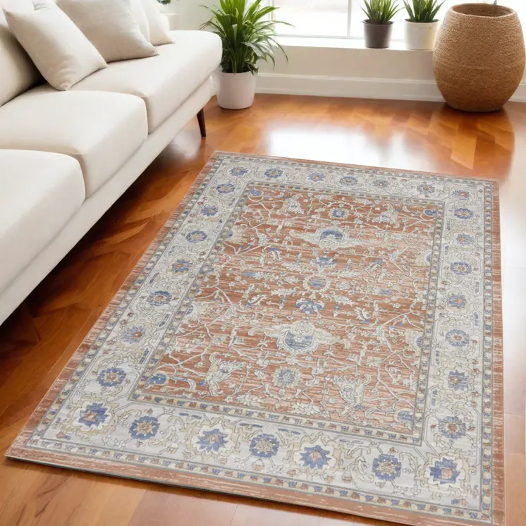 5' X 7' Gray and Red Oriental Power Loom Area Rug