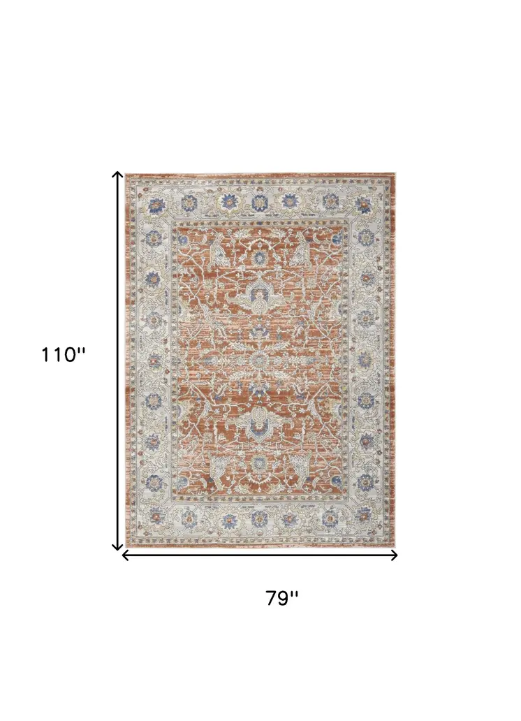 7' X 9' Gray and Red Oriental Power Loom Area Rug