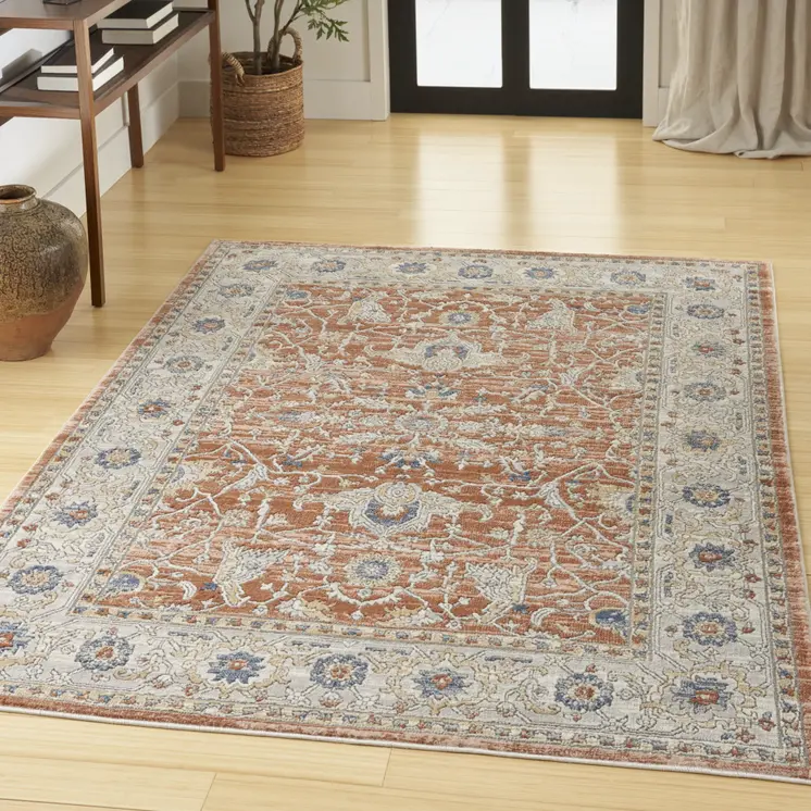 7' X 9' Gray and Red Oriental Power Loom Area Rug