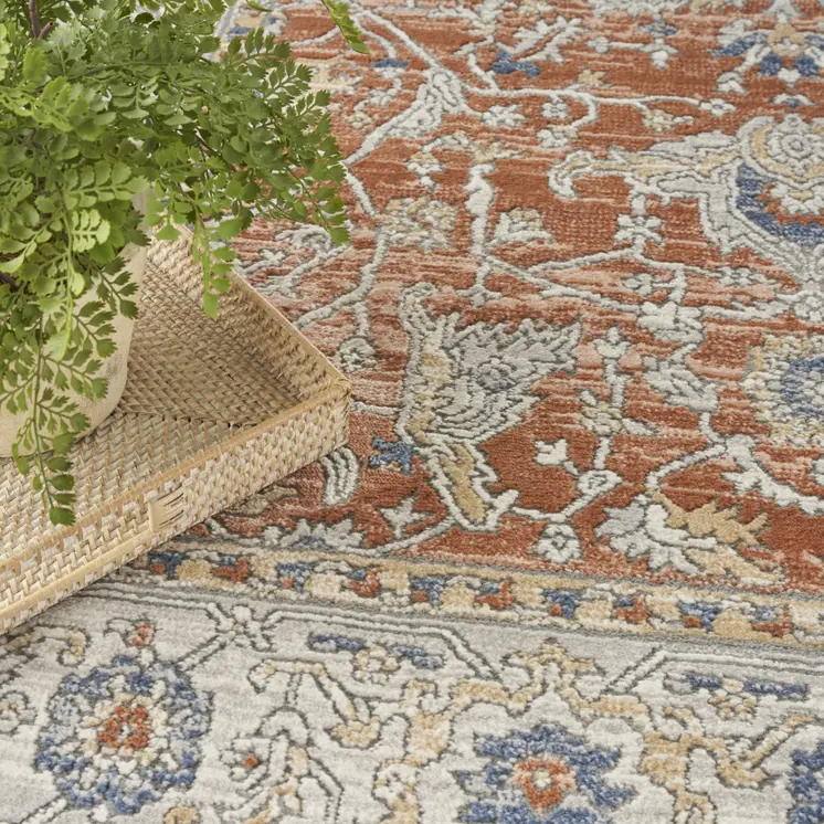 7' X 9' Gray and Red Oriental Power Loom Area Rug