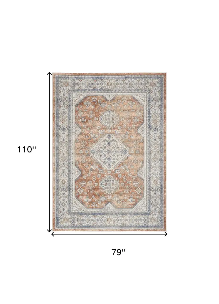 7' X 9' Gray and Red Medallion Power Loom Area Rug