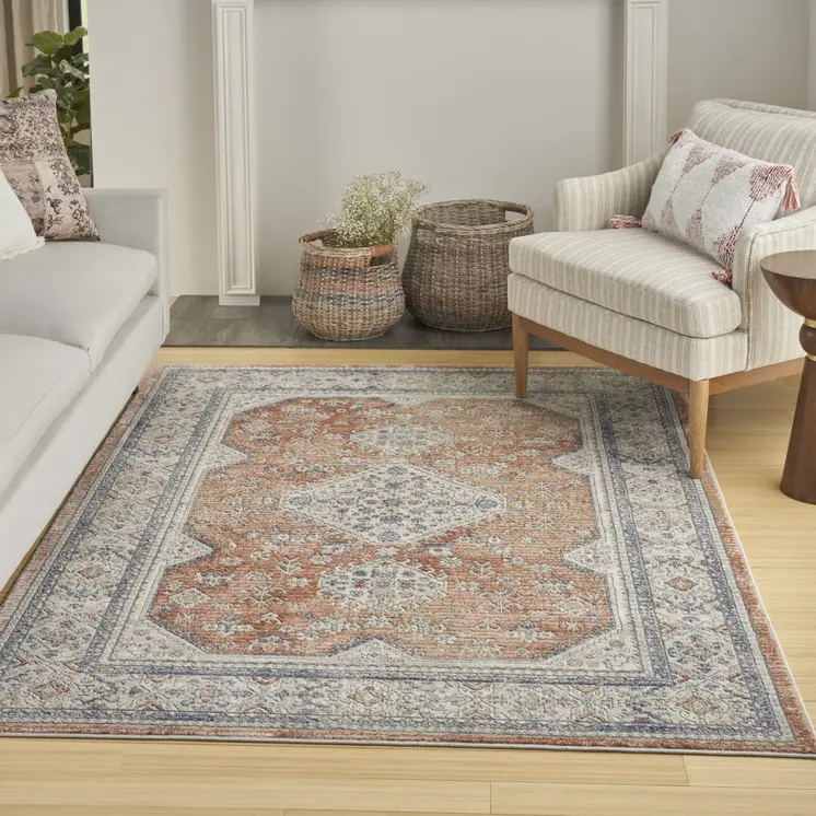 7' X 9' Gray and Red Medallion Power Loom Area Rug