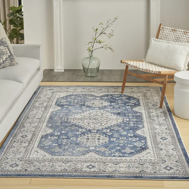 7' X 9' Blue and Gray Medallion Power Loom Area Rug