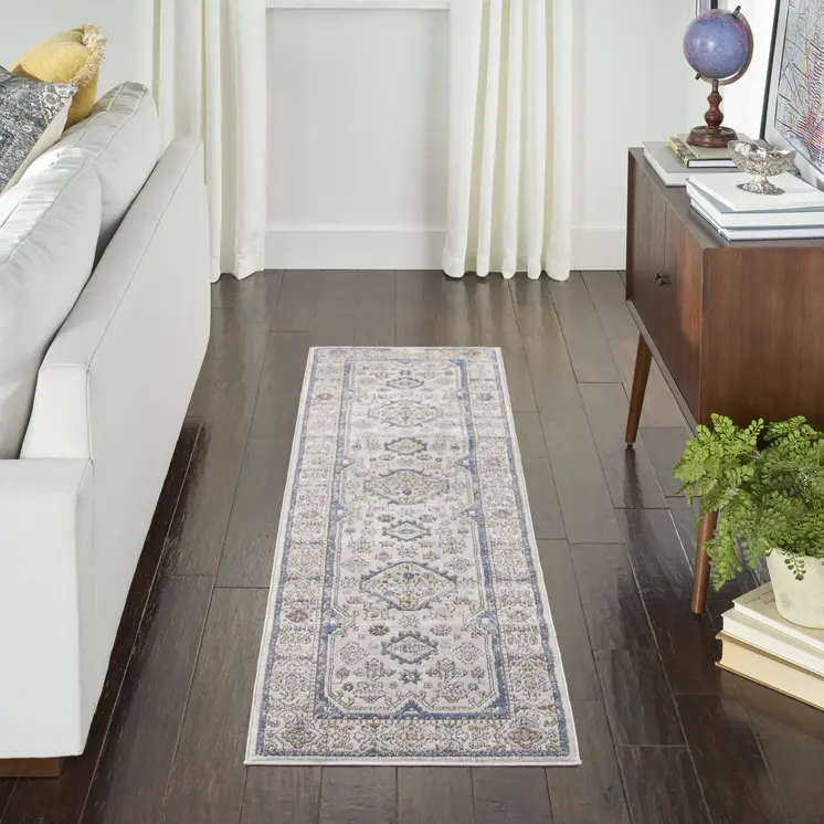 8' Blue And Gray Medallion Runner Rug