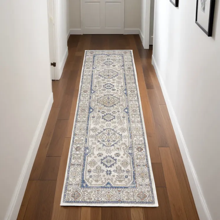 8' Blue And Gray Medallion Runner Rug