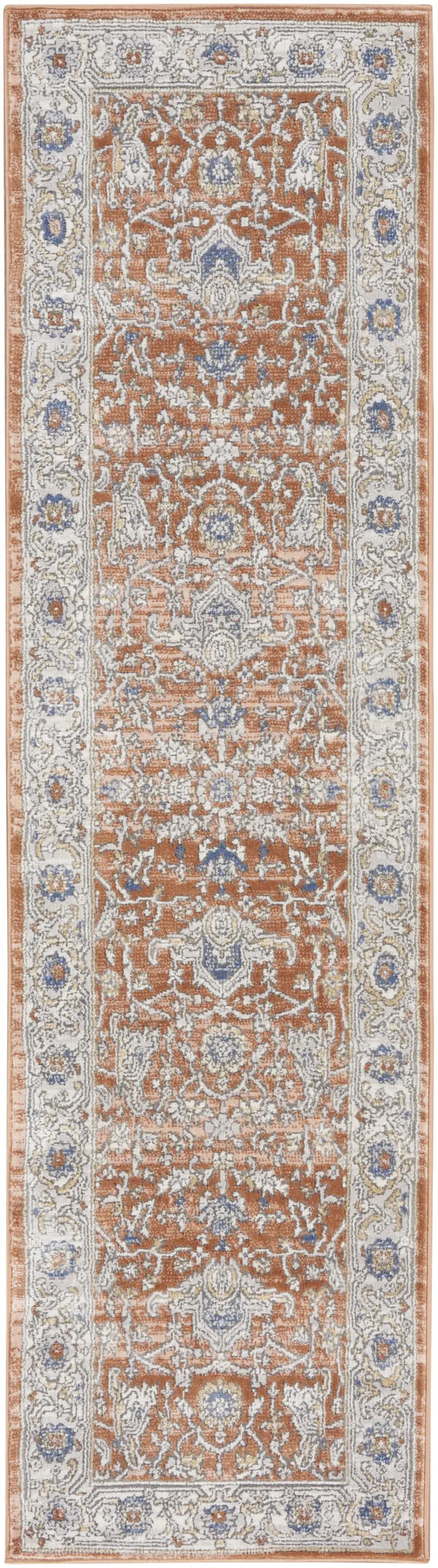 8' Gray And Red Oriental Runner Rug
