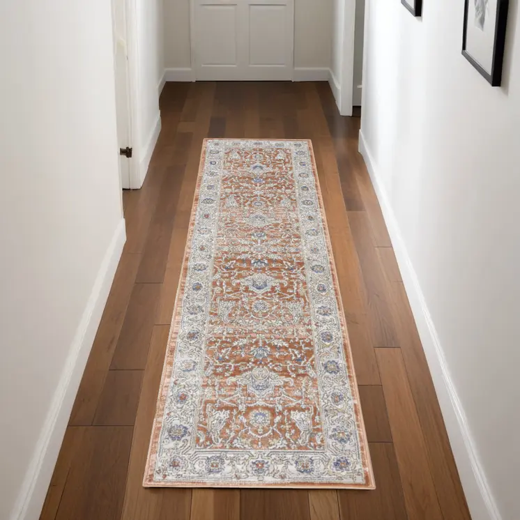 8' Gray And Red Oriental Runner Rug